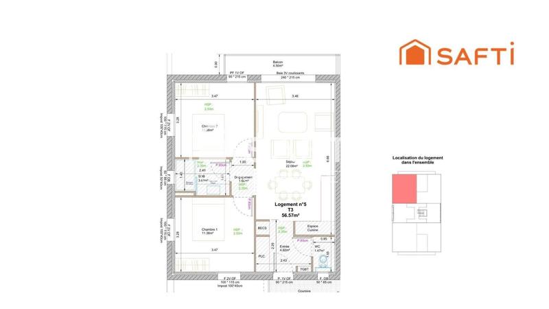 Appartement - 56 m² - 3 pièces