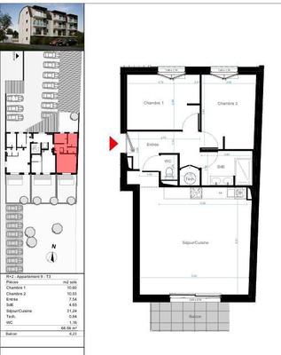 Appartement - 69 m² - 3 pièces