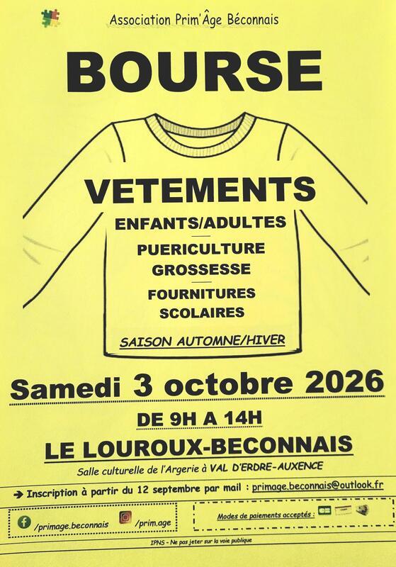 Bourse aux vêtements, fournitures scolaires et matériel de puériculture