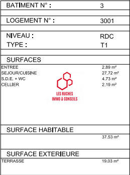 Appartement - 38 m² - 1 pièce