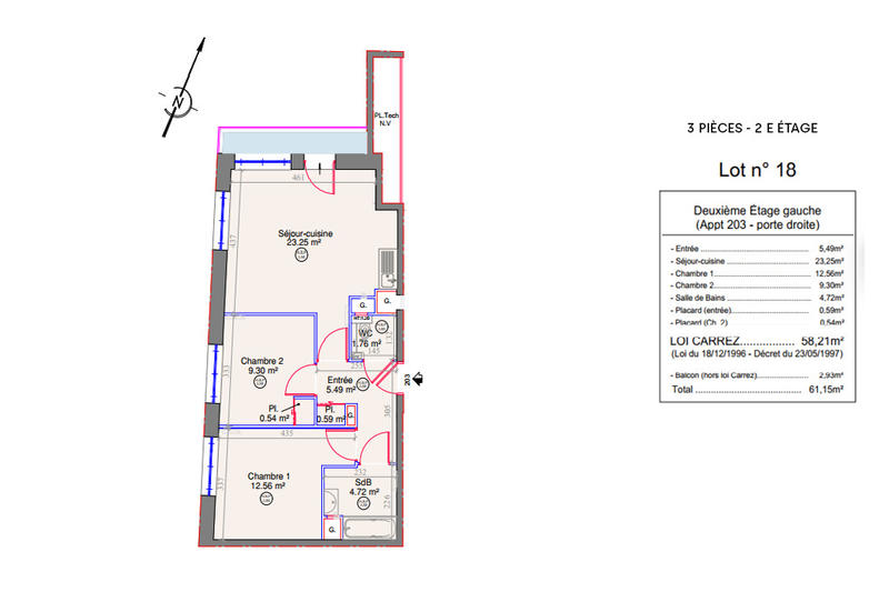Appartement - 58 m² - 3 pièces