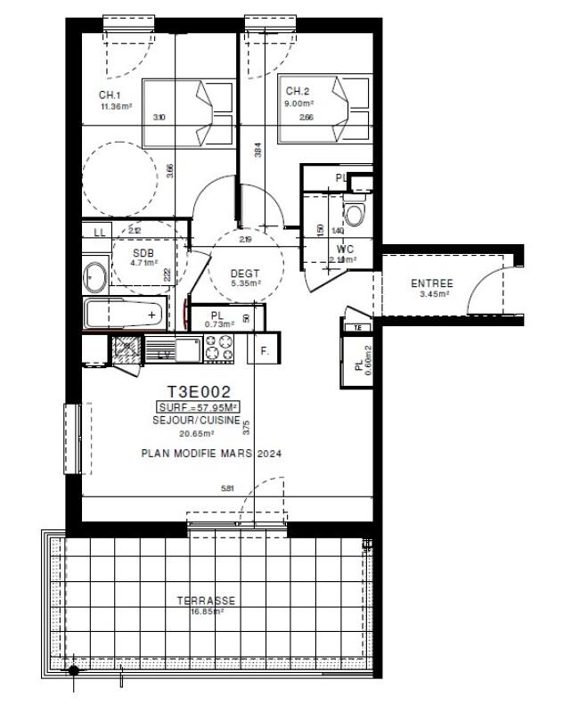 Appartement - 57 m² - 3 pièces