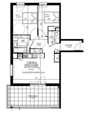Appartement - 57 m² - 3 pièces