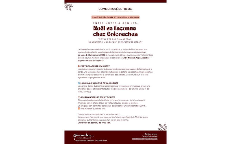 Entre notes et argile, Noël se façonne chez Goicoechea
