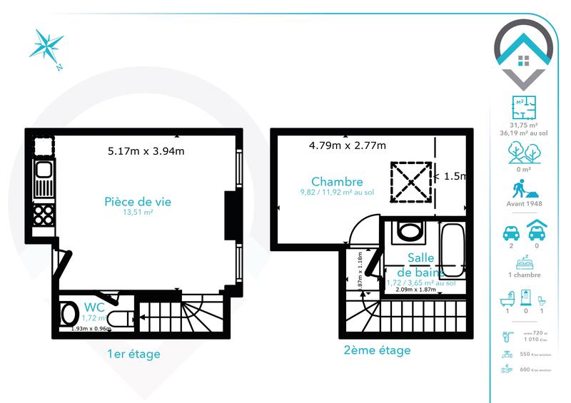 Appartement - 32 m² - 2 pièces
