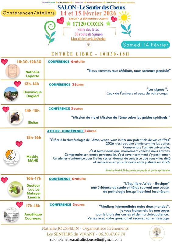 Salon Bien Être -Corps-Spiritualite-Createurs-Voyance-Commercants 14 et 15 Février - 17120 Cozes - le sentier des Coeurs