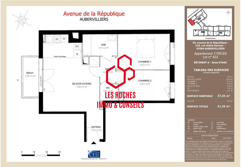 Appartement - 57 m² - 3 pièces