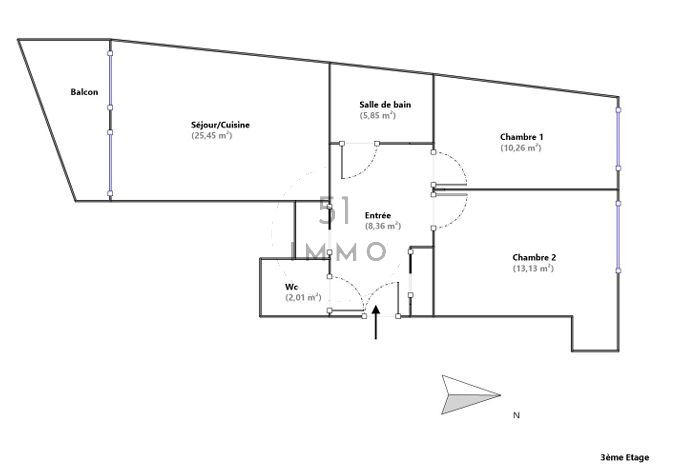 Appartement - 65 m² - 3 pièces