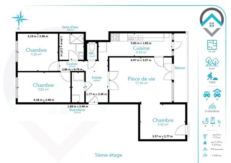 Appartement - 71 m² - 4 pièces
