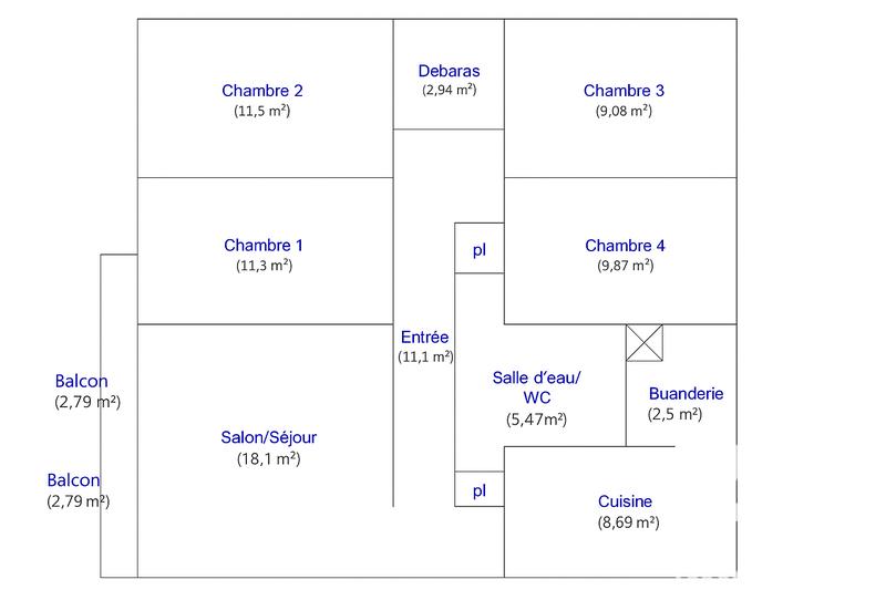 Appartement - 91 m² - 5 pièces