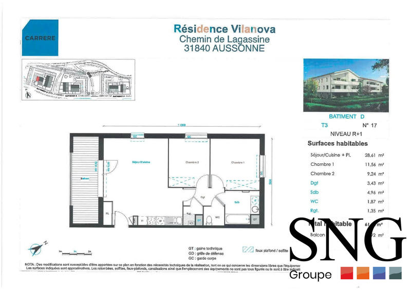 Appartement - 61 m² - 3 pièces