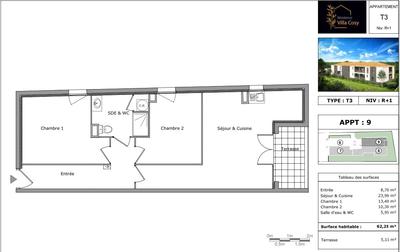 Appartement - 62 m² - 3 pièces