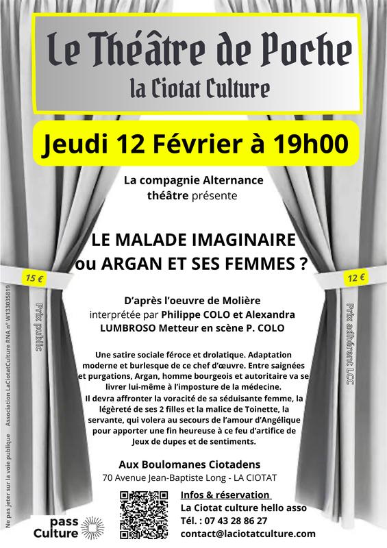 Théâtre de Poche - le malade imaginaire ou argan et ses femmes ? avec la compagnie Alternance