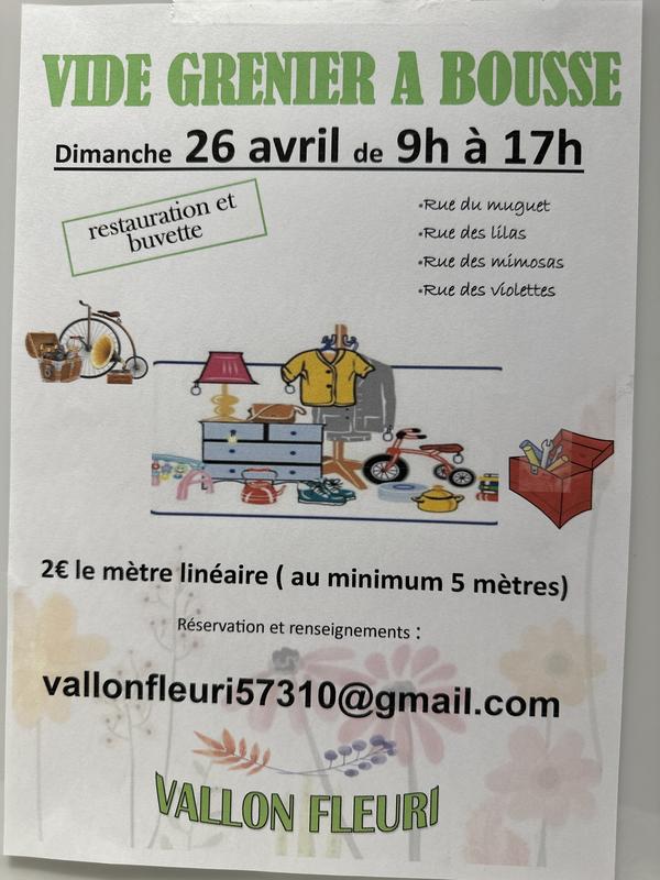 Vide grenier de Bousse rues des fleurs autour du cimetière