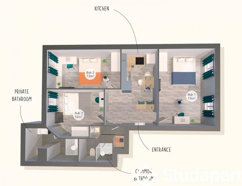 Chambre - 12 m² - 1 pièce