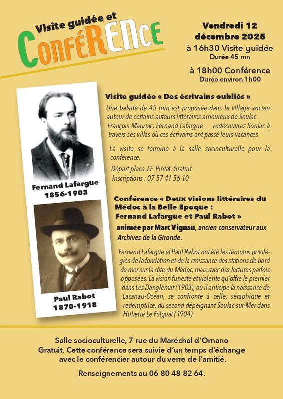 Visite guidée &quot;Des écrivains oubliés&quot; (gratuit / sur inscription) et Conférence &quot;Deux visions littéraires du Médoc à la Belle Epoque&quot; (gratuit)