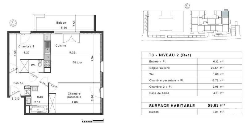 Appartement - 60 m² - 3 pièces