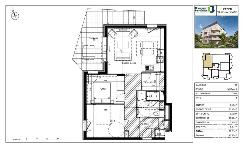 Appartement - 65 m² - 3 pièces