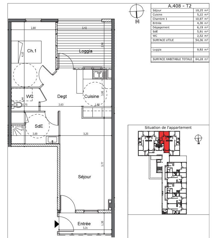 Appartement - 54 m² - 2 pièces