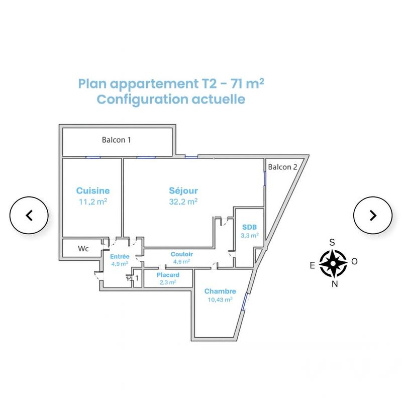 Appartement - 71 m² - 2 pièces