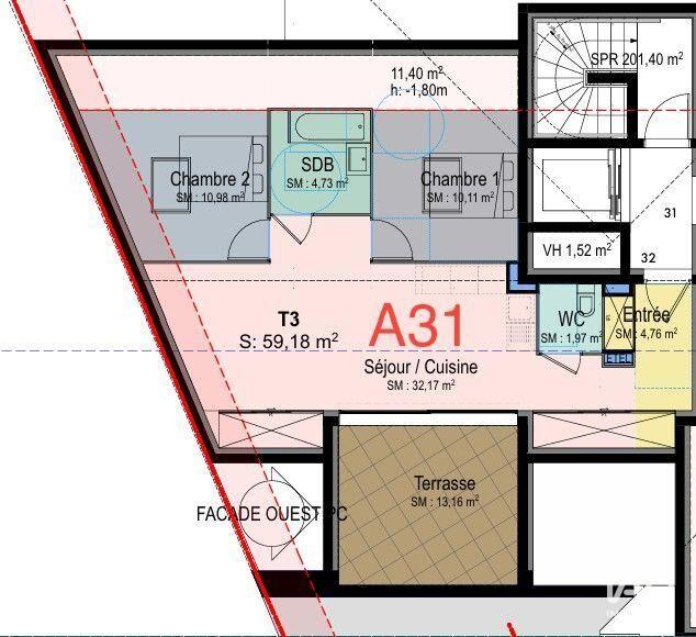 Appartement - 59 m² - 3 pièces