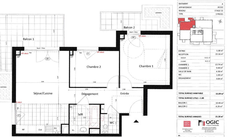 Appartement - 62 m² - 3 pièces