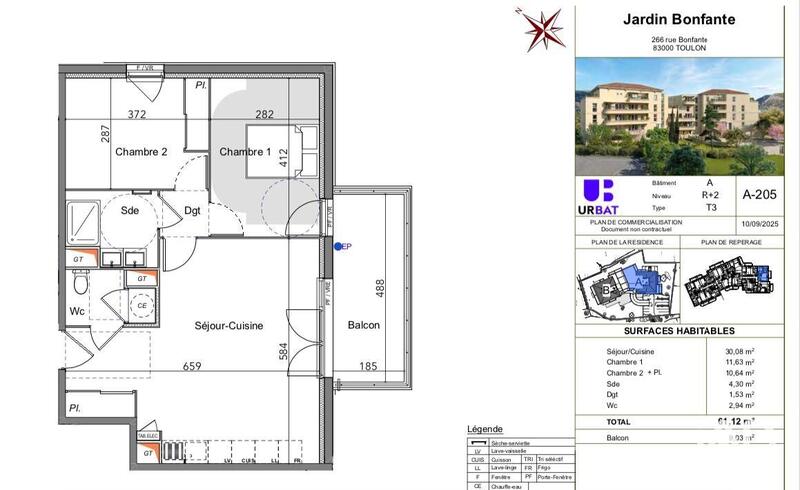 Appartement - 61 m² - 3 pièces