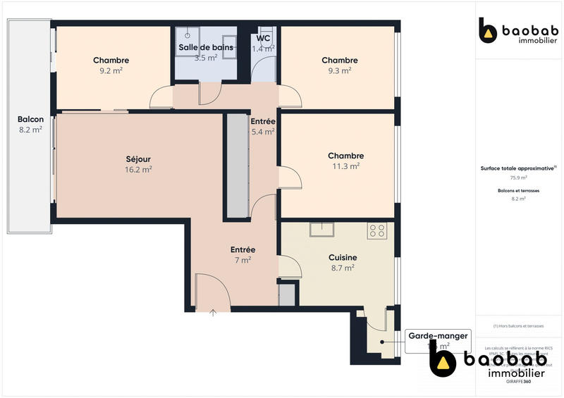Appartement - 76 m² - 3 pièces