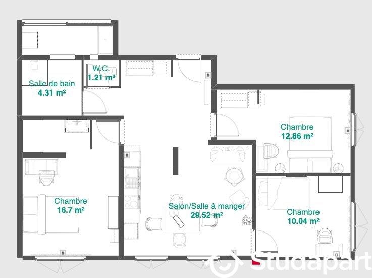 Chambre - 17 m² - 1 pièce