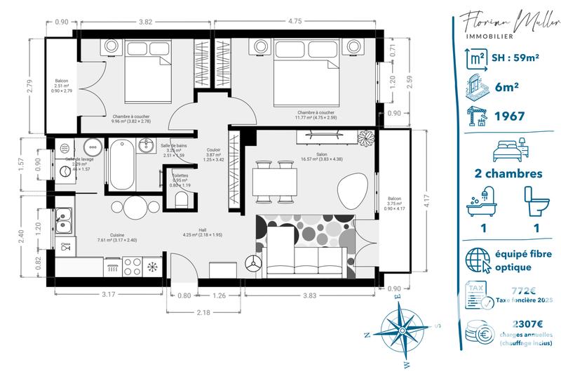 Appartement - 59 m² - 3 pièces