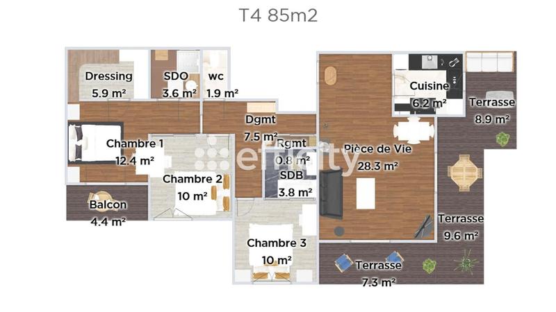 Appartement - 85 m² - 4 pièces